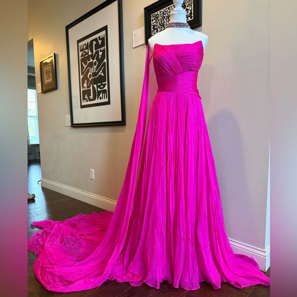 Jovani Couture Electric Neon Pink Strapless Evening Gown - Size 6